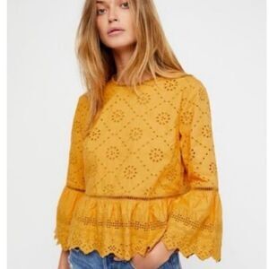 NWOT Free People Merci Beaucoup Bell Sleeve Ruffle Blouse Mustard Yellow, Small